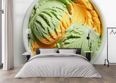   Two scoops of ice cream in a bowl; topped with green and yellow ingredients Wall mural