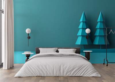   Two small blue trees sit atop a blue shelf, before a green wall and a blue backdrop Wall mural