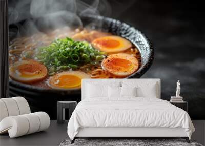 a close up of a bowl of food with steam rising out of the top and eggs in the middle of the bowl. Wall mural