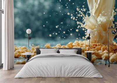 a splash of milk being poured into a pile of cornflakes on a blue surface with a blurry background. Wall mural