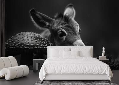 baby donkey by mushroom, head rested Wall mural