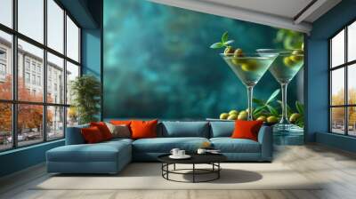 Garnished Martini Glasses, Olives and Herbs as Decoration, Green Olive Appetizer on Table, Martini with Green Olives and Herbs. Wall mural