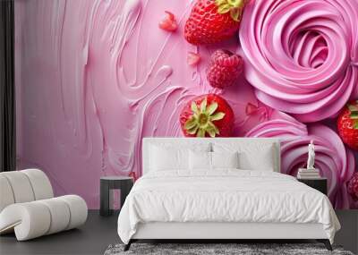 pink frosting topped with strawberries; strawberries at its base Wall mural