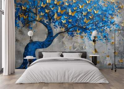 A hand-painted abstract artwork featuring a vivid blue tree with branches sprawling across a canvas, adorned with golden butterflies fluttering around. AI generated Wall mural