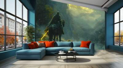 A knight in shining armor, atop a noble steed, wields a glowing enchanted sword, poised at the ancient forest's edge, ready for adventure. Wall mural