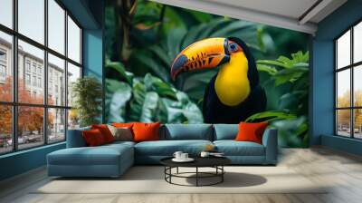 A vibrant toucan perches in the Amazon rainforest, its vivid colors standing out against the lush green foliage, a true gem of the jungle. Wall mural