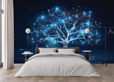 Concept of network connection technology or big data, blue cyber polygonal tree with futuristic elements.GenerativeAI. Wall mural