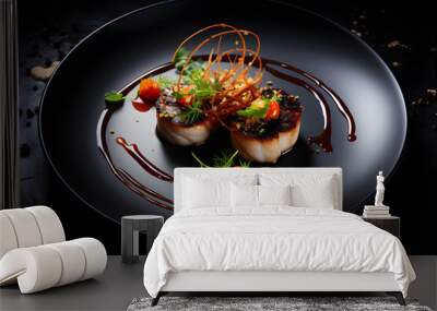 food elegant expensive dish plate dark black gourmet dinner chef. Wall mural