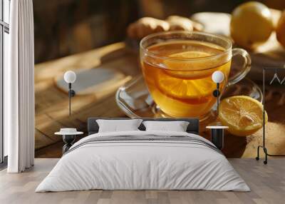  A glass cup of ginger tea with lemon slices on a wooden table, closeup view. A portrait of a healthy drink for treatment with copy space.  Wall mural