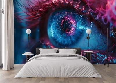 A captivating close-up of a woman's eye with stars, glowing light, and aether clouds, creating a mesmerizing cosmic wonder and ethereal image. Wall mural