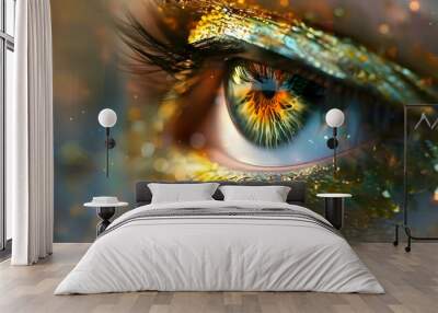 A captivating close-up of a woman's eye with stars, glowing light, and aether clouds, creating a mesmerizing cosmic wonder and ethereal image. Wall mural