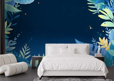 A collection of blue tropical leaves illustration forms a frame against a dark blue background, creating a foliage plant background with space for copy. Wall mural