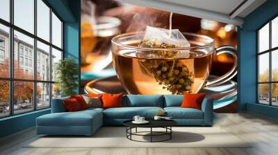 A cup of tea with steam rising from it. The tea bag is placed in a transparent glass cup. Wall mural