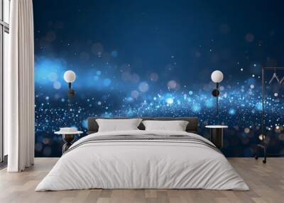 A dark blue abstract background featuring a glow particle effect. The image includes abstract blue lights and star particles, forming a captivating scene with dots on a dark background. Wall mural