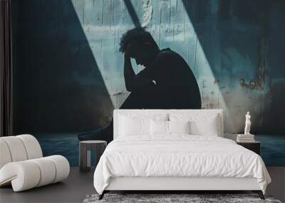 A depressed man suffering from emotional pain, sitting alone with a sad and worried expression, hands raised to his head, set against a misty dark background. Wall mural