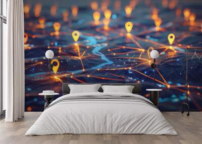 A digital map featuring interconnected location pins, symbolizing global network connectivity and geographic information technology. Concept of global connections and geolocation maps for business. Wall mural