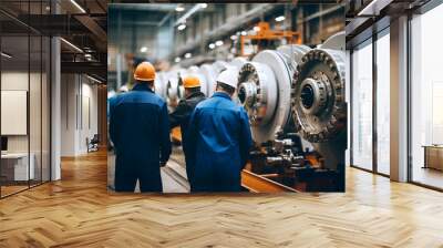 A group of factory workers wearing hard hats and safety uniforms. Portraying industrial worker engineering and illustrating concepts of industry, engineering, and construction. shot from behind. Wall mural