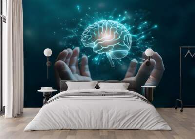 A hand holding a holographic brain represents futuristic thinking and innovation. The bright, glowing brain icon floats above the hand, symbolizing creativity, and mind control. Wall mural