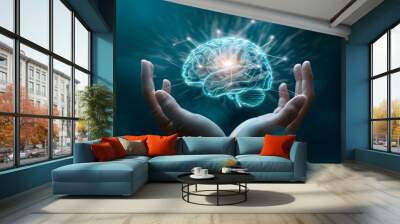 A hand holding a holographic brain represents futuristic thinking and innovation. The bright, glowing brain icon floats above the hand, symbolizing creativity, and mind control. Wall mural