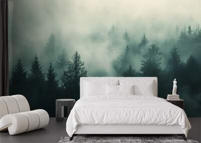 A misty mountain landscape with a forest of pine trees in a vintage retro style. The environment is portrayed with clouds and mist, creating a vintage and atmospheric imagery of a tree covered forest. Wall mural