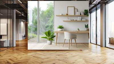 A modern home office with a minimalist desk, chair and floating shelves made of light wood against white walls, a large window showing greenery outside with clean lines and natural lighting. Wall mural