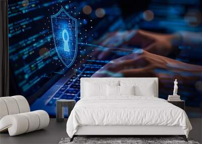 A person's hands are typing on their laptop with an abstract digital shield and keyhole icon hovering above a keyboard. Concepts of network security, private access, and data protection.   Wall mural