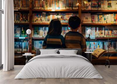 A photo of two children sitting in front of shelves filled with books, engrossed in books at an old bookstore. The background is filled with shelves stocked with various books and installations. Wall mural