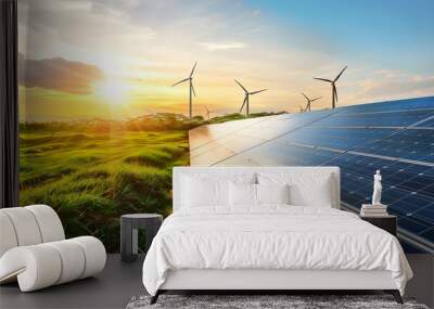 A solar panel farm stands in an open field with wind turbines in the background, symbolizing the advancement of green energy and sustainable development. Beautiful green energy landscape. Wall mural