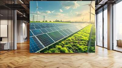 A solar panel farm stands in an open field with wind turbines in the background, symbolizing the advancement of green energy and sustainable development. Beautiful green energy landscape. Wall mural