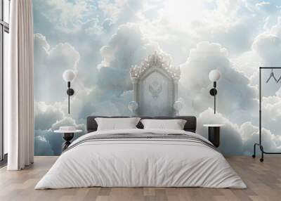 A throne in the sky surrounded by fluffy white clouds and a bright blue sky. The heavenly scene, centered in composition, features bright light and a fantasy style, evoking a heavenly kingdom. Wall mural