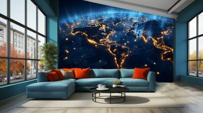 A world map with a blue light connected to it, blue and navy, global influences. Global worldwide network connection and data connections concept. Communication technology for the internet. Wall mural