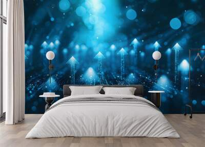 Abstract background with blue glowing arrows pointing upwards, representing growth and progress in technology or digital marketing. Abstract digital artwork with copy space. Wall mural