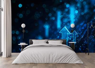 Abstract background with blue glowing arrows pointing upwards, representing growth and progress in technology or digital marketing. Abstract digital artwork with copy space. Wall mural