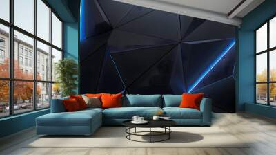 Abstract blue glowing neon lines on a black background with , featuring futuristic geometric shapes and fluid stripes, perfect for technology-inspired designs or high-tech digital art. Wall mural