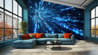 Abstract digital background with blue binary code and light streaks on black background, symbolizing technology and data transfer in cyberspace. This represents the flow of data in computer networks. Wall mural