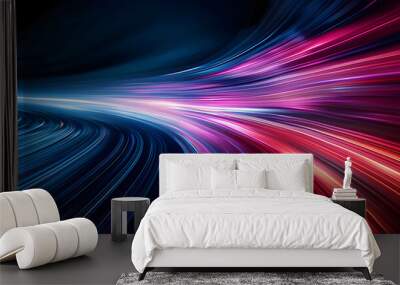 Abstract illustration depicting high-speed light trails in 3D, creating a dynamic and futuristic backdrop. The red and blue light motion trails convey a sense of fast movement and modern technology. Wall mural