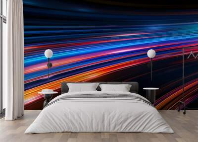 Abstract illustration depicting high-speed light trails in 3D, creating a dynamic and futuristic backdrop. The red and blue light motion trails convey a sense of fast movement and modern technology. Wall mural