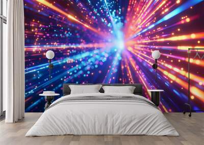 Abstract neon light background with vibrant pink, yellow, and blue neon lines, creating an intense and dynamic atmosphere reminiscent of particle acceleration. High-speed movement and hyperspace. Wall mural