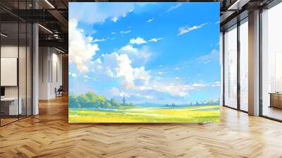 Beautiful grassy fields under a summer blue sky with fluffy white clouds blowing in the wind. Wide format image captures the sky behind a green field, creating a serene landscape of anime backgrounds. Wall mural