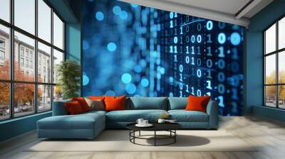 Binary data over a blue background with blurry pixels, featuring a bokeh effect. The illustration showcases blue digital binary code on a computer screen, creating a technological and abstract visual. Wall mural