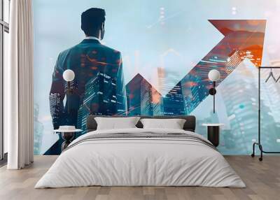 Businessman and upward arrows with a cityscape background in double exposure style, symbolizing business growth and stock market trends. Wall mural