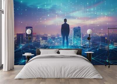 Businessman standing at office with abstract line and dot connections, overlooking a panoramic city view. Digital cityscape and technology network background for future business growth and smart city. Wall mural