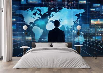 Businessman views digital images on a dark blue background, depicting world maps, intertwined networks, and a virtual world. Abstract concept of technology in business and network connections. Wall mural