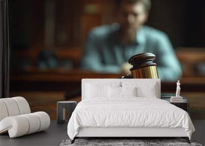 Close-up of a gavel on a table with a blurred, sorrowful defendant man in the background at a court. A wooden judge's hammer in a tribunal room. Wall mural