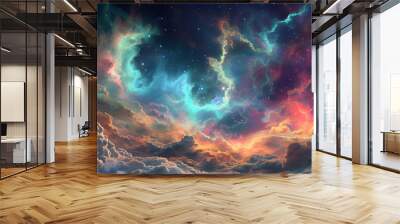 Colorful space galaxy cloud nebula with fluid organic forms in light crimson and light azure. This starry night cosmos supernova background wallpaper showcases a realistic fantasy artwork. Wall mural