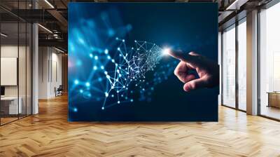 Fingers touching a glowing digital connection network, data transferring in the style of technology with a hand on a blue background. Concept of Digital transformation and next generation technology. Wall mural