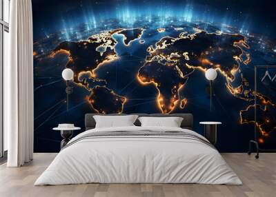 Global worldwide network connection and data connections concept. A world map with a blue light connected to it, gold and navy, global influences. Communication technology for internet. Wall mural