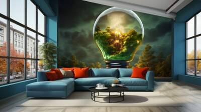 Green energy concept illustrating renewable and sustainable energy sources. An image of a green tree inside a light bulb symbolizes environmental protection and eco-friendly energy solutions. Wall mural