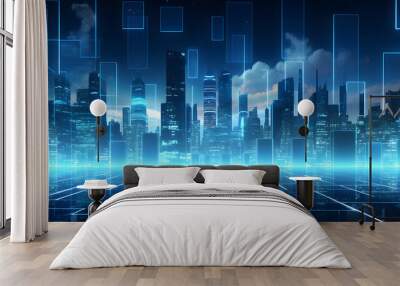 Illustration of a modern futuristic smart city concept with abstract bright lights against a blue background. Showcases cityscape urban architecture, emphasizing a futuristic technology city concept. Wall mural