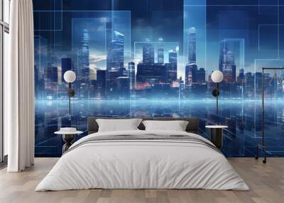 Illustration of a modern futuristic smart city concept with abstract bright lights against a blue background. Showcases cityscape urban architecture, emphasizing a futuristic technology city concept. Wall mural